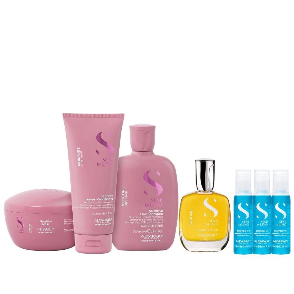 Kit Alfaparf Semi di Lino Moisture - Shampoo 250ml + Leave in 200ml + Máscara 200ml + Cristalli 50ml + 3x Ampola 13ml