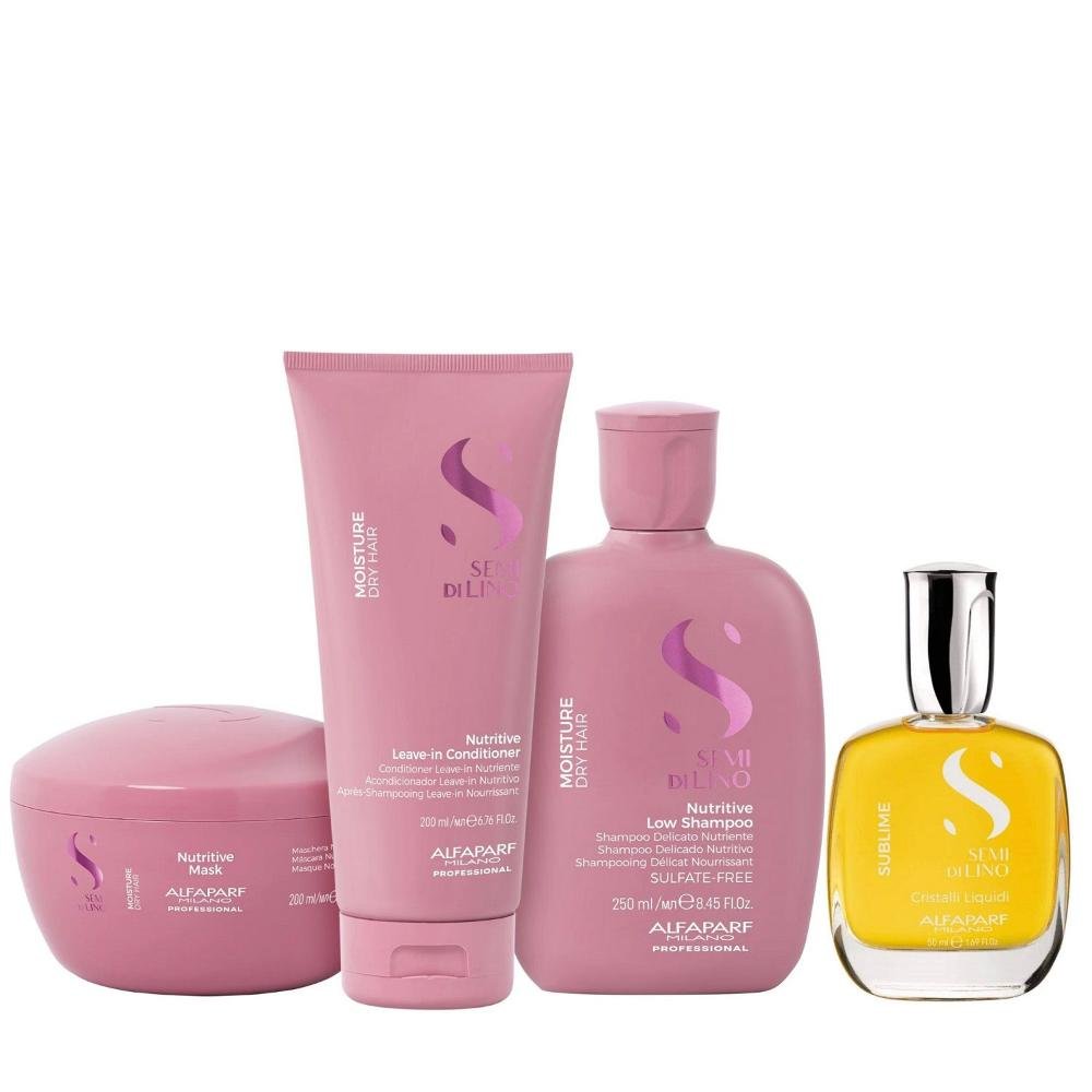Kit Alfaparf Semi Di Lino Moisture -  Shampoo 250ml + Leave in Condicionador 200ml + Máscara 200ml + Cristalli 50ml