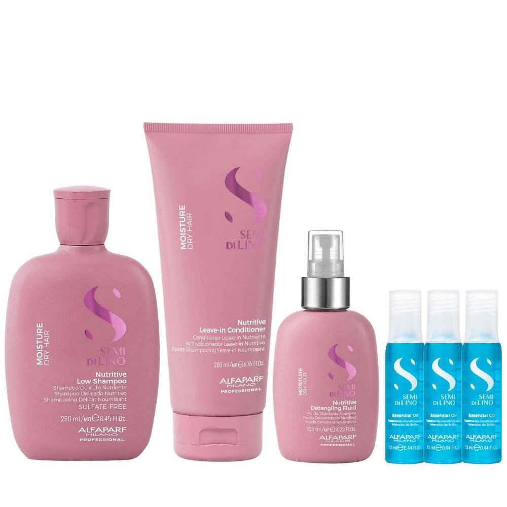 Kit Alfaparf Semi Di Lino Moisture -  Shampoo 250ml + Leave in Condicionador 200ml + Fluído 125ml + 3x Ampola 13ml