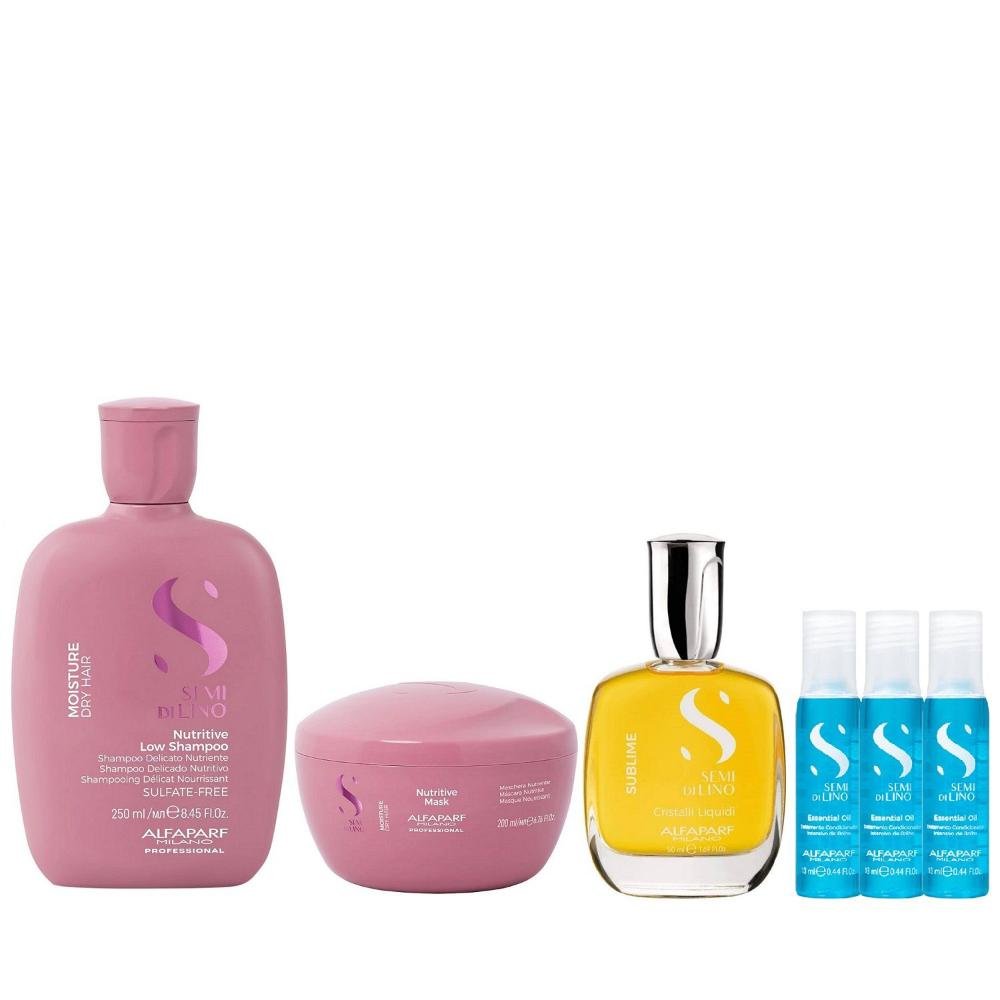 Kit Alfaparf Semi Di Lino Moisture -  Shampoo 250ml + Máscara 200ml + Cristalli 50ml + 3x Ampola 13ml