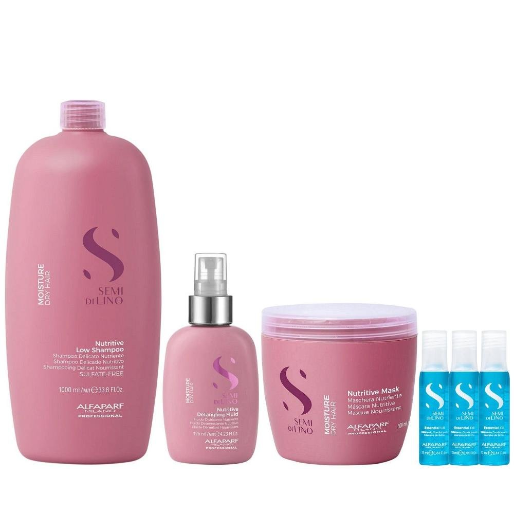 Kit Alfaparf Semi Di Lino Moisture -  Shampoo 1L +  Máscara 500ml + Fluído 125ml + 3x Ampola 13ml