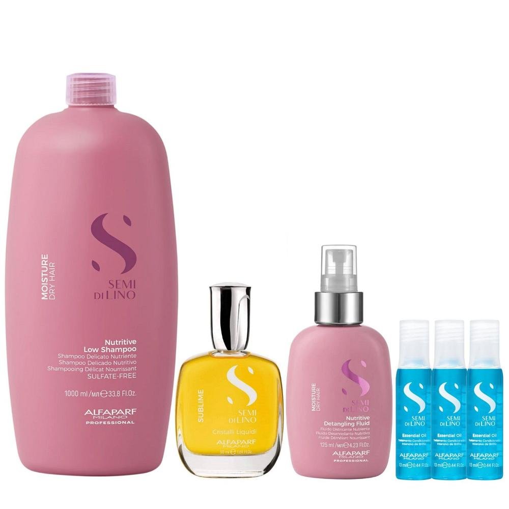 Kit Alfaparf Semi Di Lino Moisture -  Shampoo 1L + Fluído 125ml + Cristalli 50ml + 3x Ampola 13ml