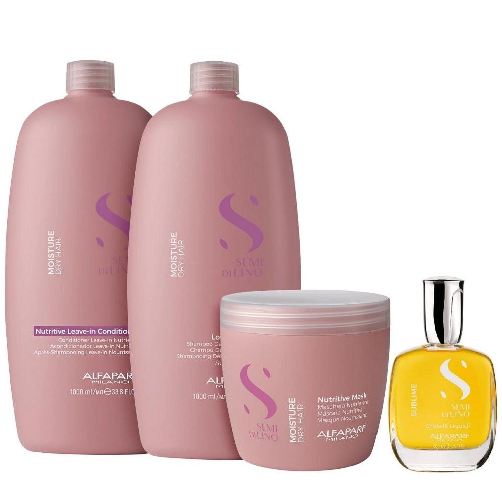 Kit Alfaparf Semi Di Lino Moisture -  Shampoo 1L + Leave in Condicionador 1L +  Máscara 500ml + Cristalli 50ml