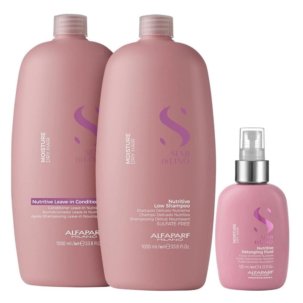 Kit Alfaparf Semi Di Lino Moisture -  Shampoo 1L + Leave in Condicionador 1L + Fluído 125ml