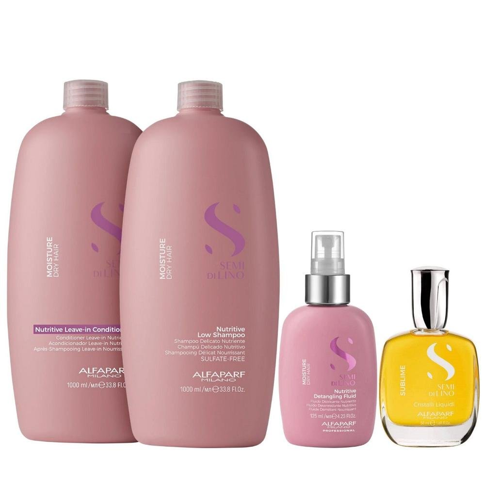 Kit Alfaparf Semi Di Lino Moisture -  Shampoo 1L + Leave in Condicionador 1L + Fluído 125ml + Cristalli 50ml