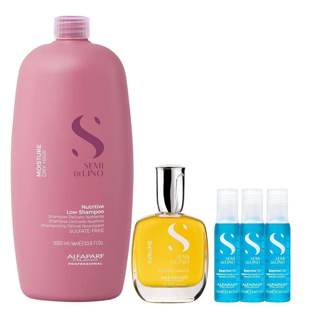 Kit Alfaparf Semi Di Lino Moisture -  Shampoo 1L + Cristalli 50ml +  3x Ampola 13ml