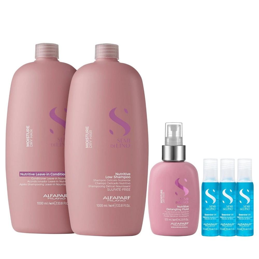 Kit Alfaparf Semi Di Lino Moisture -  Shampoo 1L + Leave in Condicionador 1L + Fluído 125ml + 3x Ampola 13ml