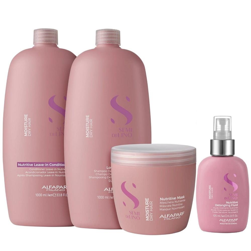 Kit Alfaparf Semi Di Lino Moisture -  Shampoo 1L + Leave in Condicionador 1L +  Máscara 500ml + Fluído 125ml