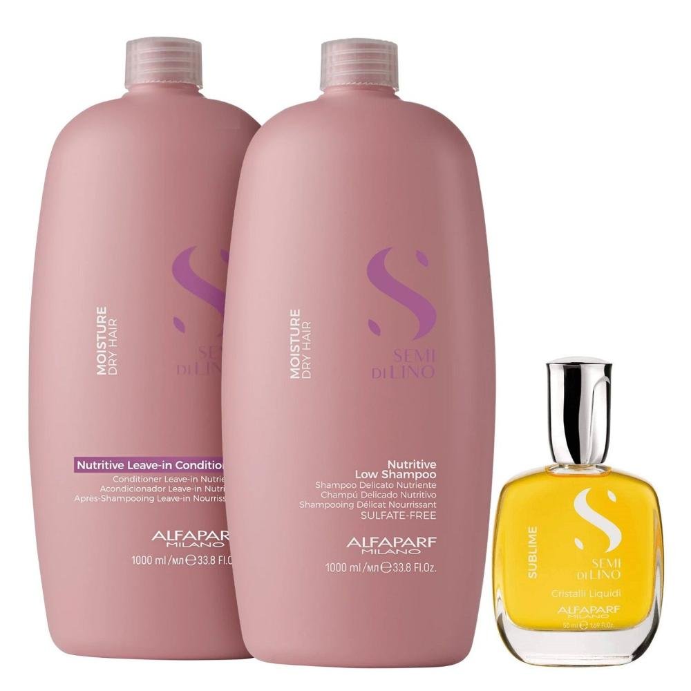 Kit Alfaparf Semi Di Lino Moisture -  Shampoo 1L + Leave in Condicionador 1L + Cristalli 50ml