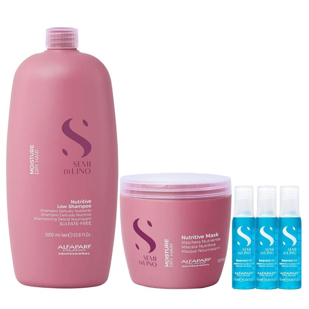 Kit Alfaparf Semi Di Lino Moisture -  Shampoo 1L +  Máscara 500ml +  3x Ampola 13ml
