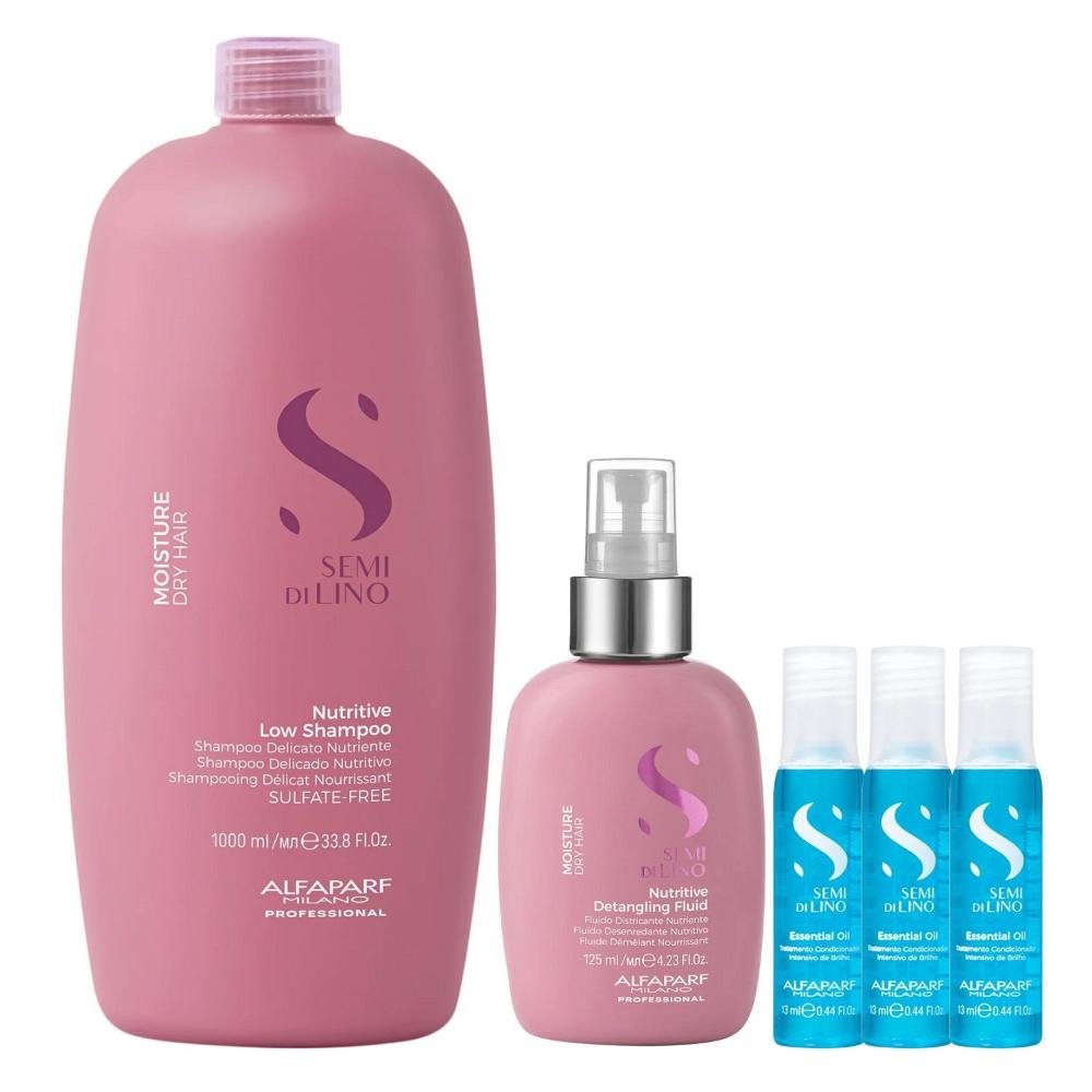 Kit Alfaparf Semi Di Lino Moisture -  Shampoo 1L + Fluído 125ml +  3x Ampola 13ml