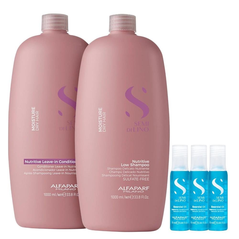 Kit Alfaparf Semi Di Lino Moisture -  Shampoo 1L + Leave in Condicionador 1L + 3x Ampola 13ml