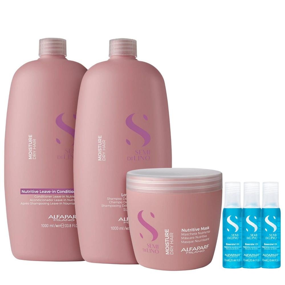Kit Alfaparf Semi Di Lino Moisture - Shampoo 1L + Leave in Condicionador 1L + Máscara 500ml + 3x Ampola 13ml ÚNICO 1