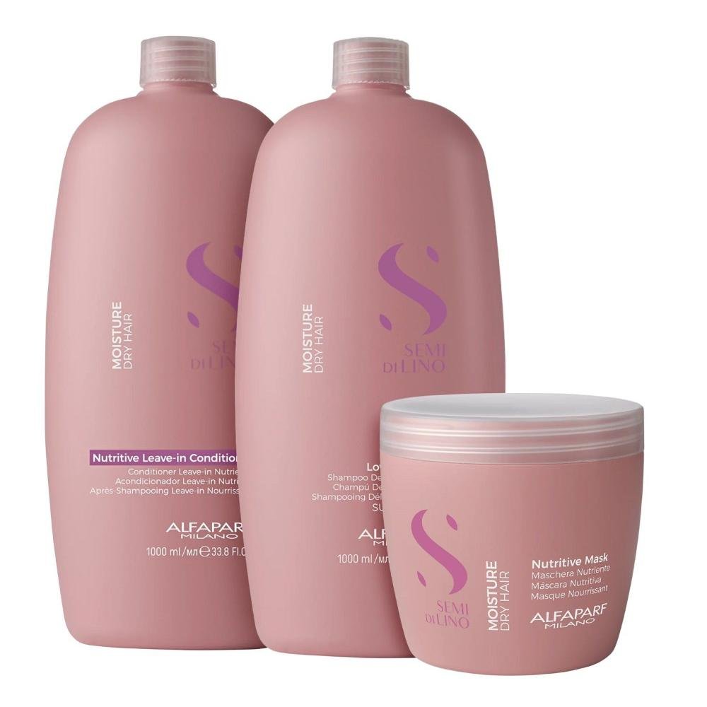 Kit Alfaparf Semi Di Lino Moisture -  Shampoo 1L + Leave in Condicionador 1L +  Máscara 500ml