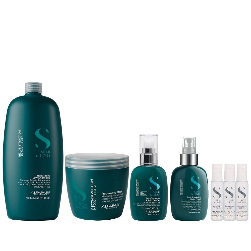 Kit Alfaparf Semi Di Lino Reconstruction - Shampoo 1L + Máscara 500ml + Fluído 125ml + Creme 125ml + 3x Ampola 13ml ÚNICO 6