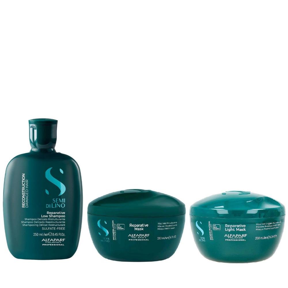 Kit Alfaparf Semi Di Lino Reconstruction - Shampoo 250ml + Máscara 200ml + Máscara Suave 200ml