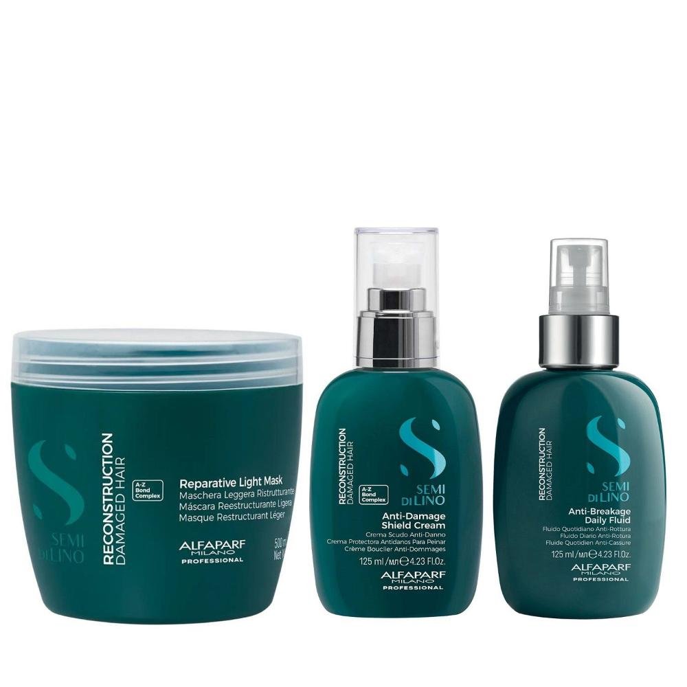 Kit Alfaparf Semi Di Lino Reconstruction - Máscara Suave 500ml + Fluído 125ml + Creme 125ml