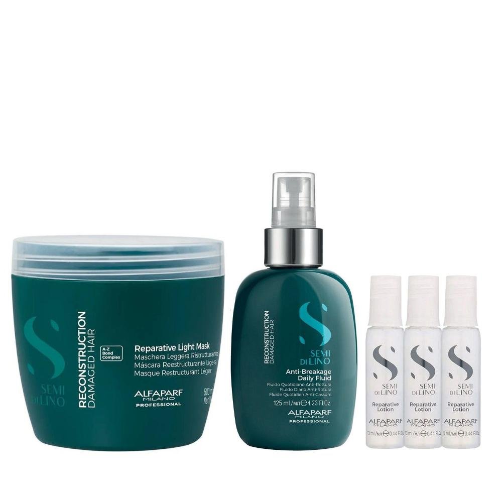Kit Alfaparf Semi Di Lino Reconstruction - Máscara Suave 500ml + Fluído 125ml + 3x Ampola 13ml