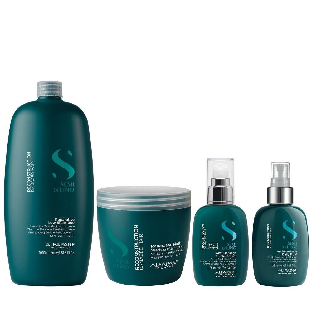 Kit Alfaparf Semi Di Lino Reconstruction - Shampoo 1L + Máscara 500ml +  Fluído 125ml  + Creme 125ml