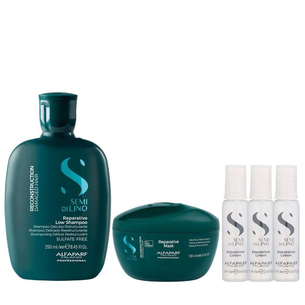Kit Alfaparf Semi Di Lino Reconstruction - Shampoo 250ml + Máscara 200ml + 3x Ampola 13ml