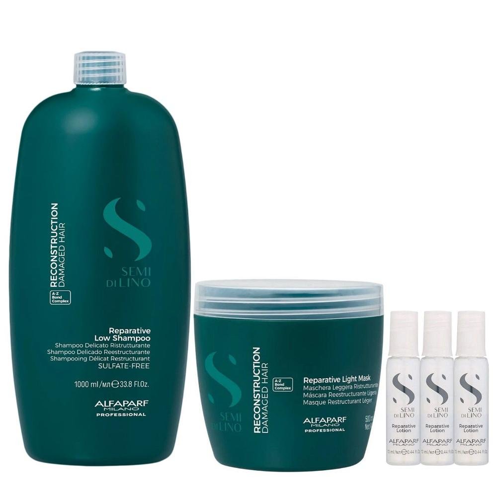 Kit Alfaparf Semi Di Lino Reconstruction - Shampoo 1L +  Máscara Suave 500ml + 3x Ampola 13ml
