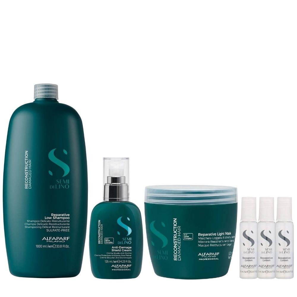Kit Alfaparf Semi Di Lino Reconstruction - Shampoo 1L + Máscara Suave 500ml + Creme 125ml + 3x Ampola 13ml
