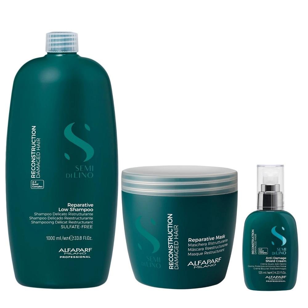 Kit Alfaparf Semi Di Lino Reconstruction - Shampoo 1L + Máscara 500ml + Creme 125ml ÚNICO 1