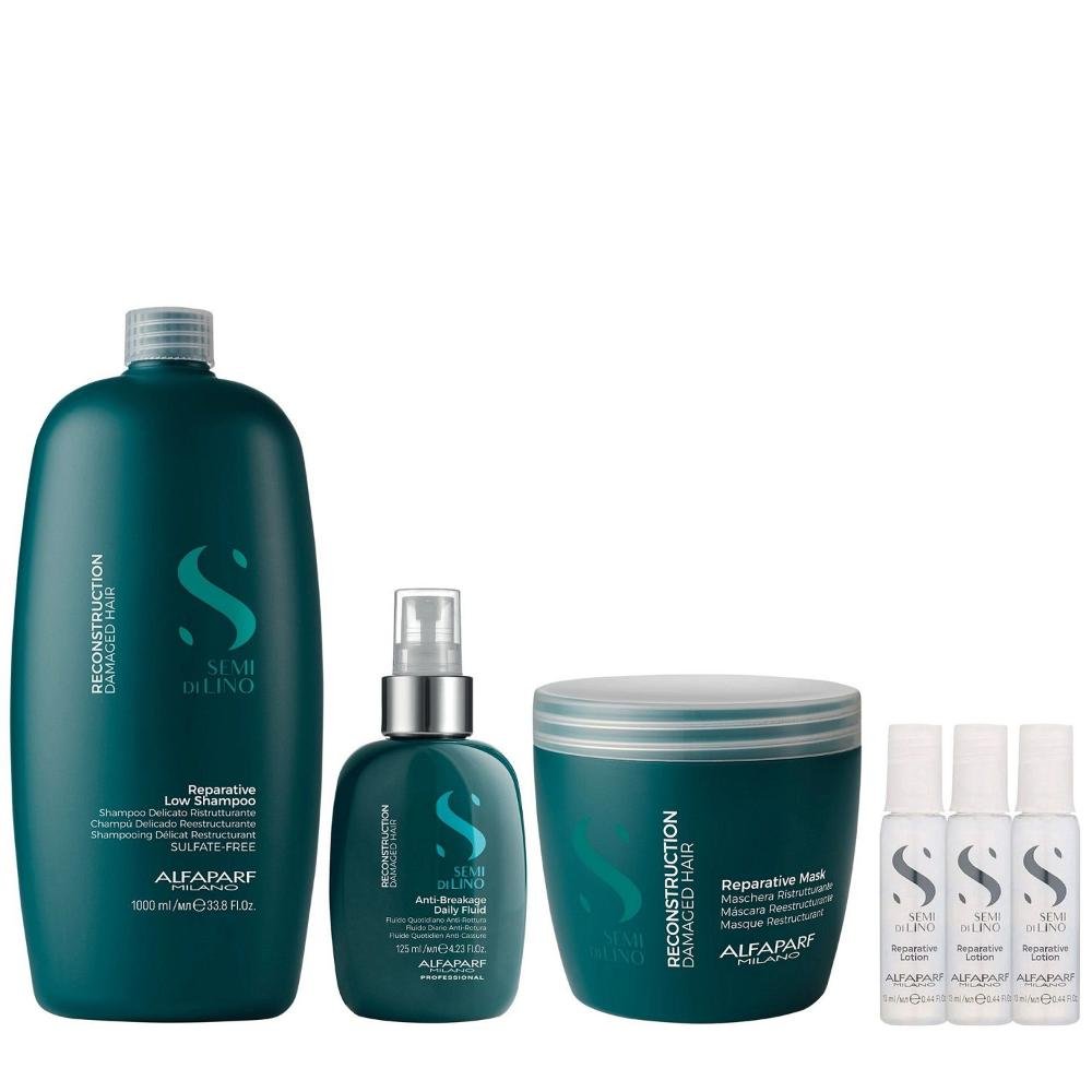 Kit Alfaparf Semi Di Lino Reconstruction - Shampoo 1L + Máscara 500ml + Fluído 125ml + 3x Ampola 13ml