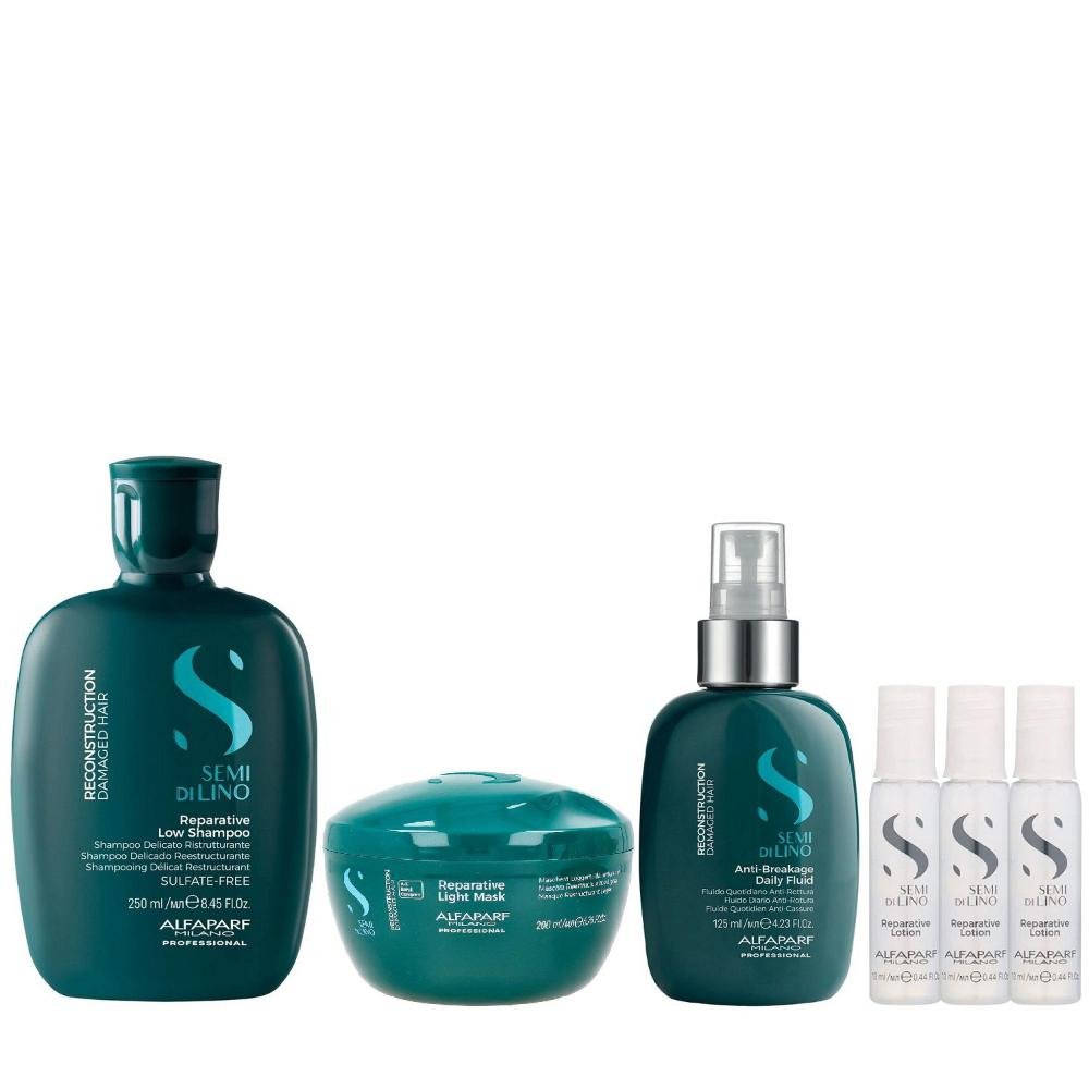 Kit Alfaparf Semi Di Lino Reconstruction - Shampoo 250ml + Máscara Suave 200ml + Fluído 125ml + 3x Ampola 13ml