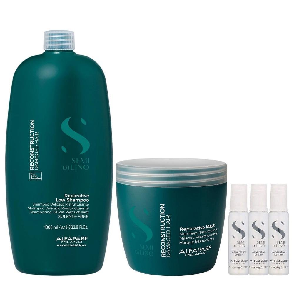 Kit Alfaparf Semi Di Lino Reconstruction - Shampoo 1L +  Máscara 500ml + 3x Ampola 13ml