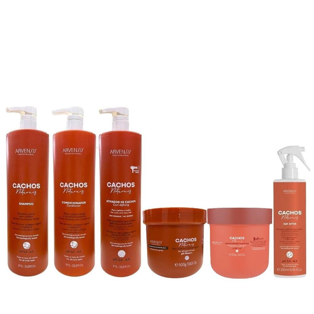 Kit Arvensis Cachos - Shampoo + Condicionador + Ativador Cachos (3x1L)+ Geleia Alta Fixação + Máscara 2x1 + Day After