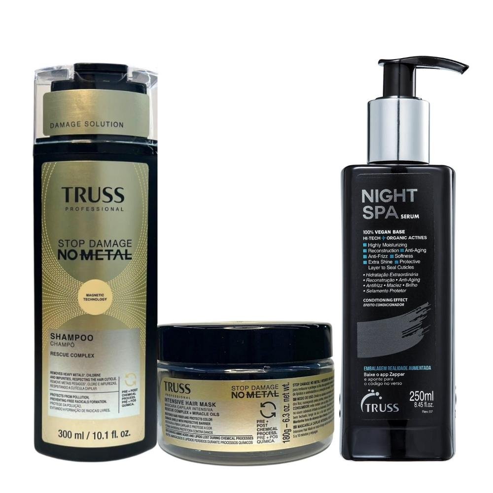Kit Truss Stop Damage No Metal - Shampoo 300ml + Máscara 180g + Night Spa 250ml