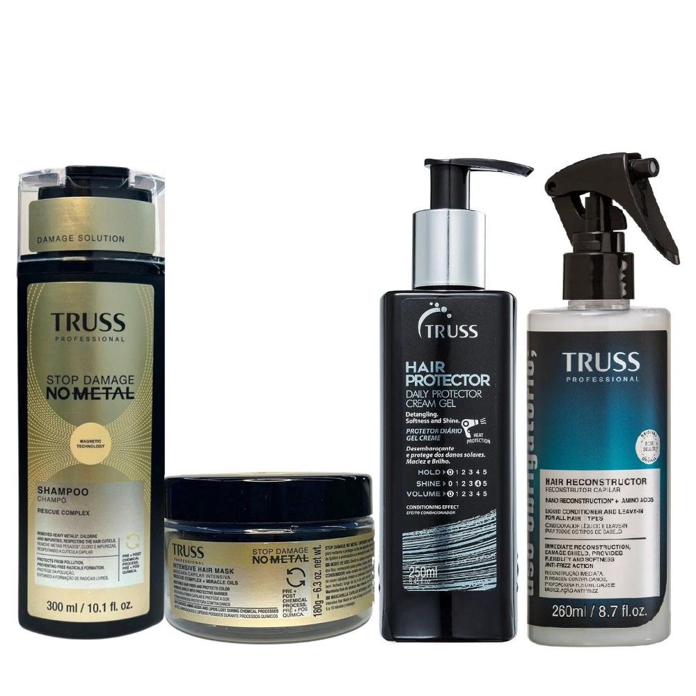 Kit Truss No Metal - Shampoo 300ml + Máscara 180g + Hair Protector 250ml + Spray Uso Obrigatório 260ml