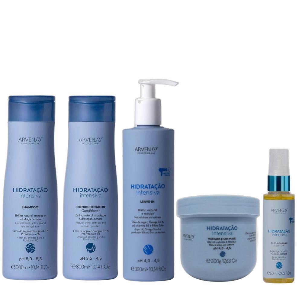 Kit Arvensis Hidratação Intensiva: Shampoo 300ml + Condicionador 300ml + Leave-in 300ml + Máscara 300ml + Óleo 60ml