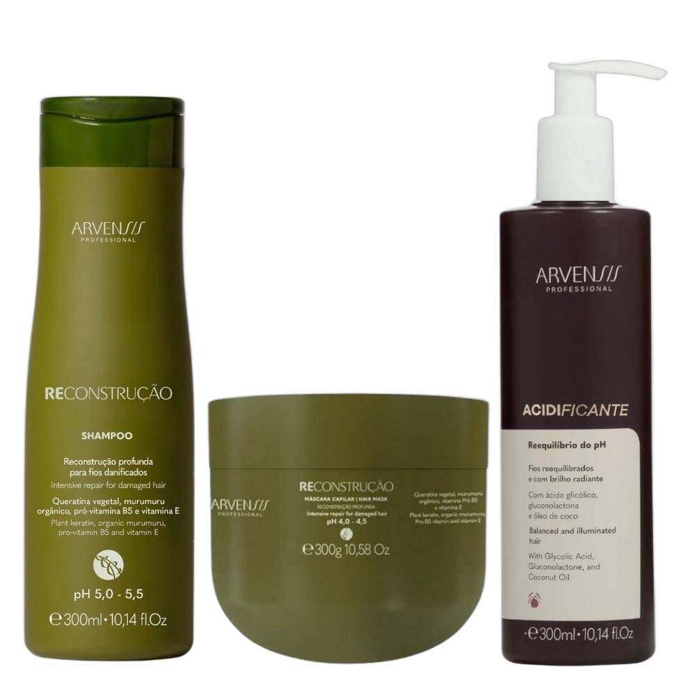 Kit Arvensis Reconstrução - Shampoo 300ml + Máscara 300ml + Acidificante 300ml