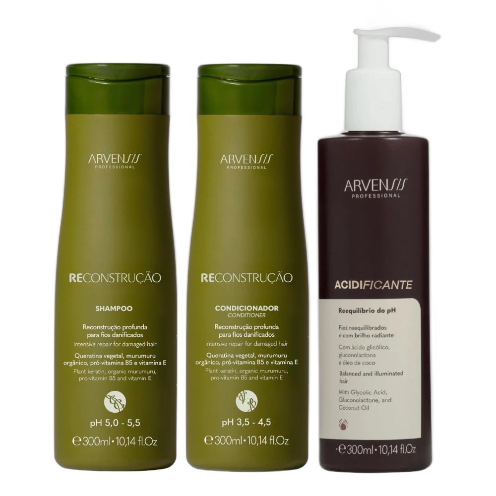 Kit Arvensis Reconstrução - Shampoo 300ml + Condicionador 300ml + Acidificante 300ml ÚNICO 1