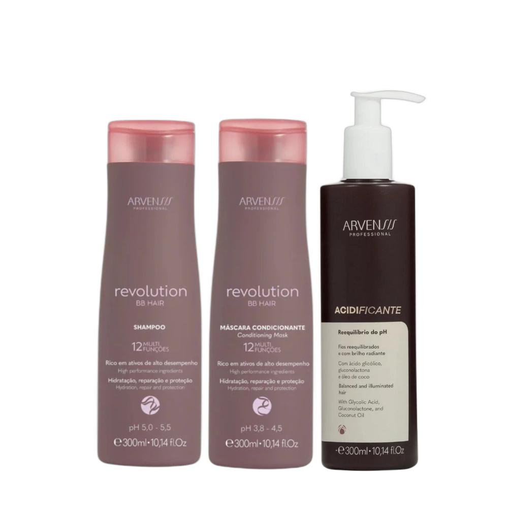 Kit Arvensis BB Hair Revolution - Shampoo 300ml + Máscara Condicionante 300ml + Acidificante 300ml