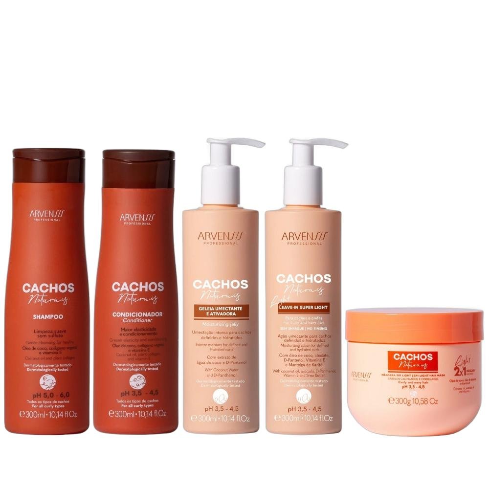 Kit Arvensis Cachos Naturais - Shampoo & Condicionador + Geleia Light & Leave-In Light 300ml & 2x1 Light 300g