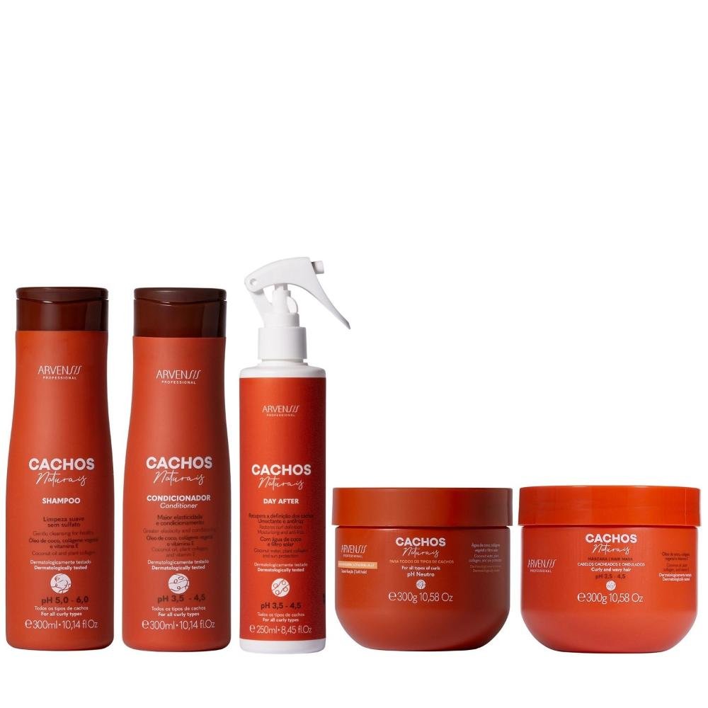 Kit Arvensis Cachos Naturais - Shampoo & Condicionador 300ml + Day After 250ml + Máscara 300g + Geleia Suave 300g