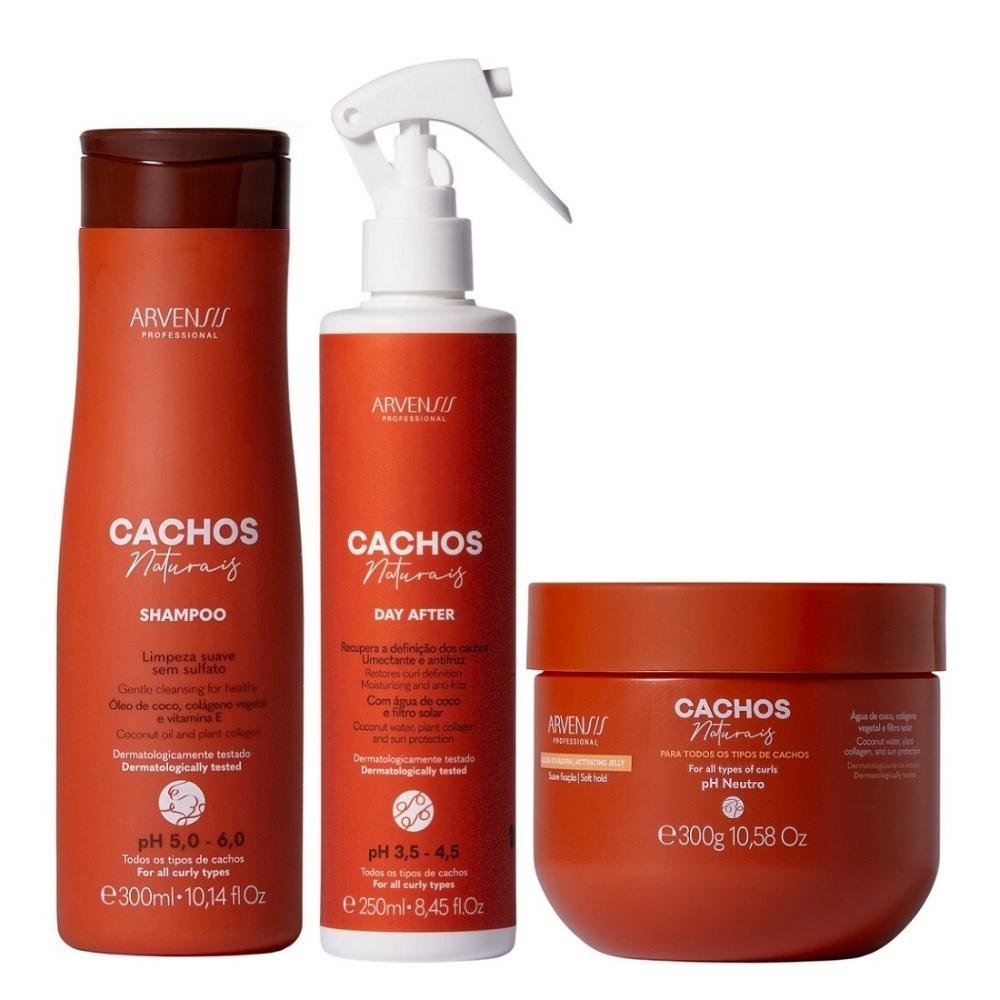Kit Arvensis Professional Cachos Naturais - Shampoo 300ml + Day After 250ml + Geleia Suave Fixação 300g