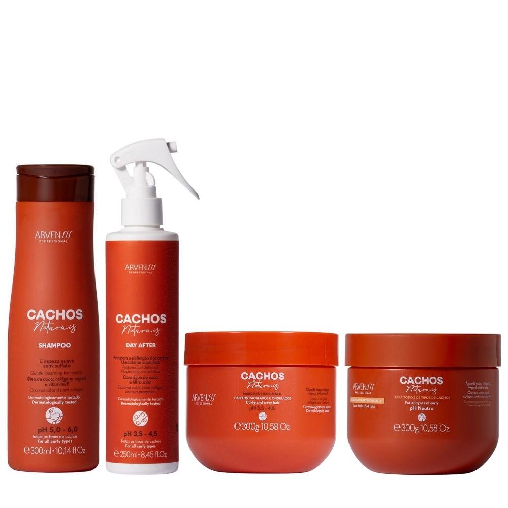 Kit Arvensis Professional Cachos Naturais - Shampoo 300ml + Day After 250ml + Máscara 300g + Geleia Suave Fixação 300g