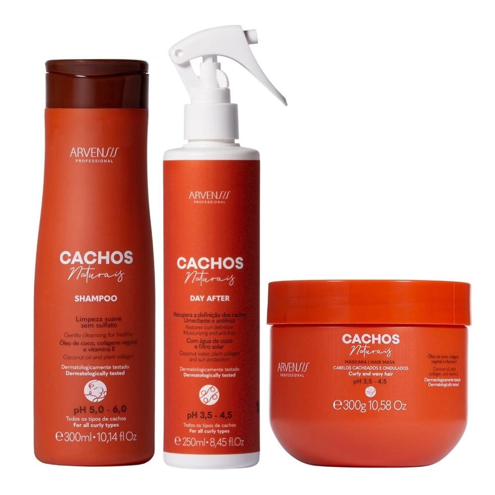 Kit Arvensis Professional Cachos Naturais - Shampoo 300ml + Day After 250ml + Máscara 300ml