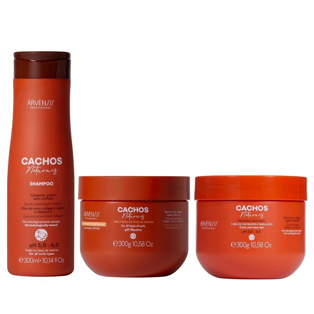 Kit Arvensis Professional Cachos Naturais - Shampoo 300ml + Máscara 300g + Geleia Suave Fixação 300g