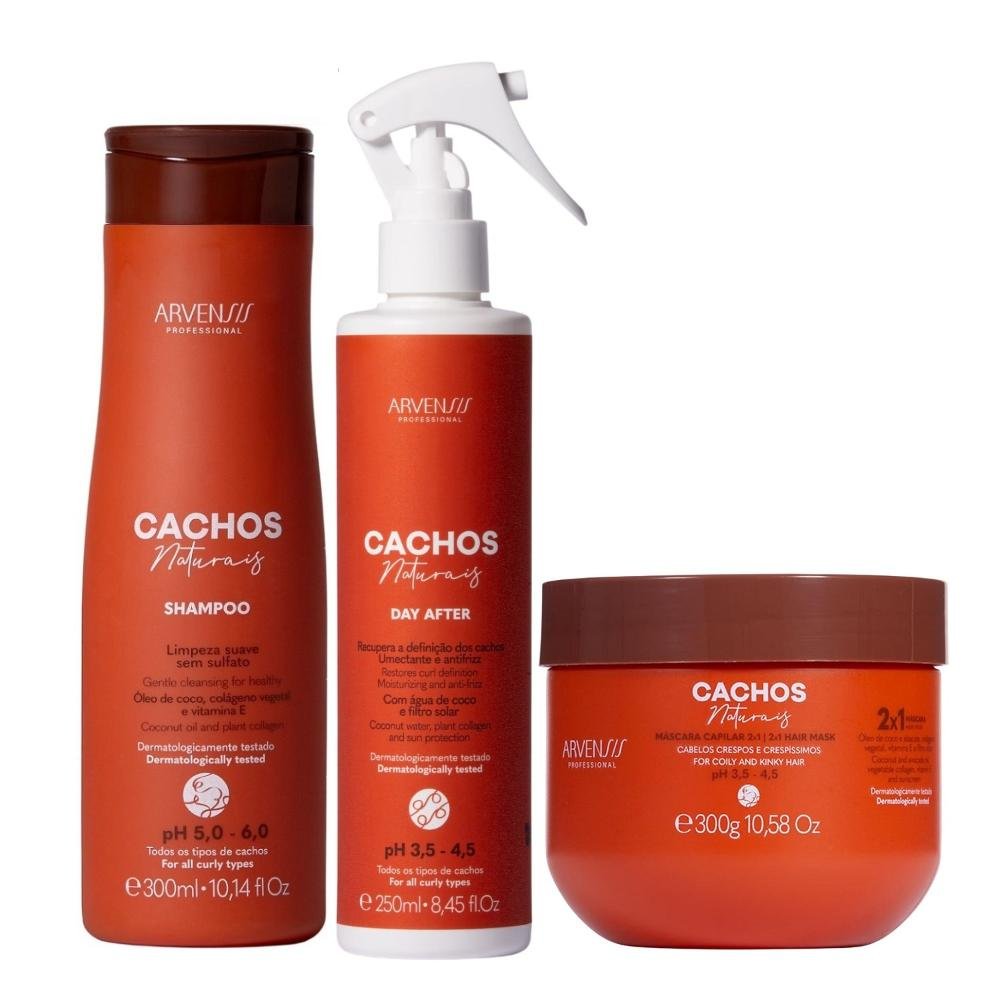 Kit Arvensis Professional Cachos Naturais - Shampoo 300ml + Day After 250ml + Máscara 2x1 300g