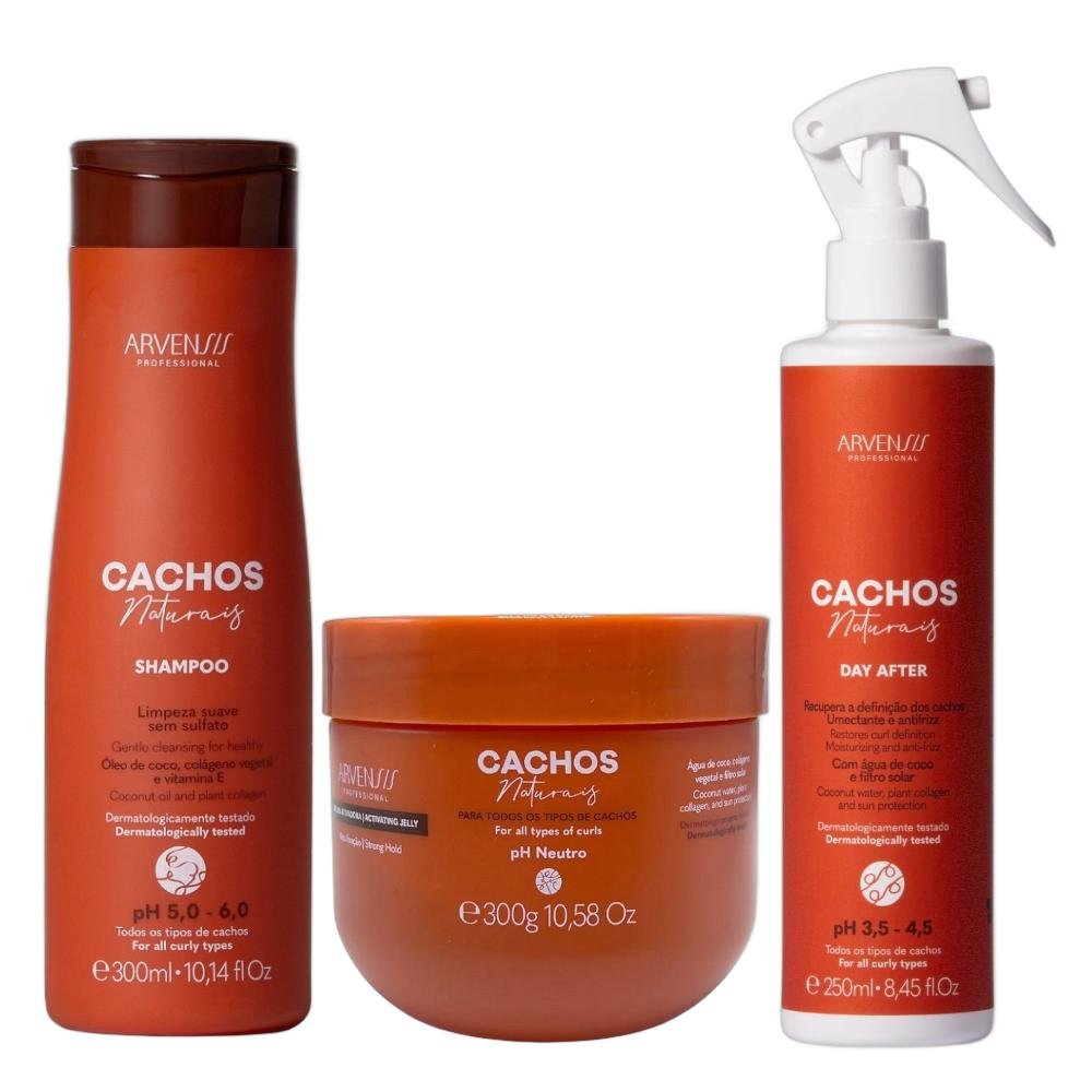 Kit Arvensis Professional Cachos Naturais - Shampoo 300ml + Day After 250ml + Geleia Alta Fixação 300g