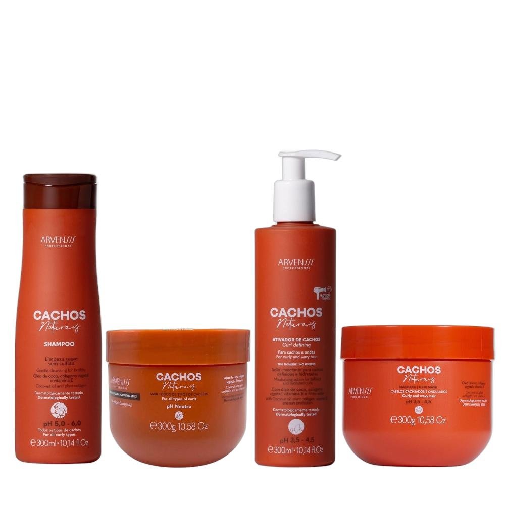 Kit Arvensis Professional Cachos Naturais - Shampoo 300ml + Ativador 300ml + Geleia Alta Fixação 300g + Máscara 300g