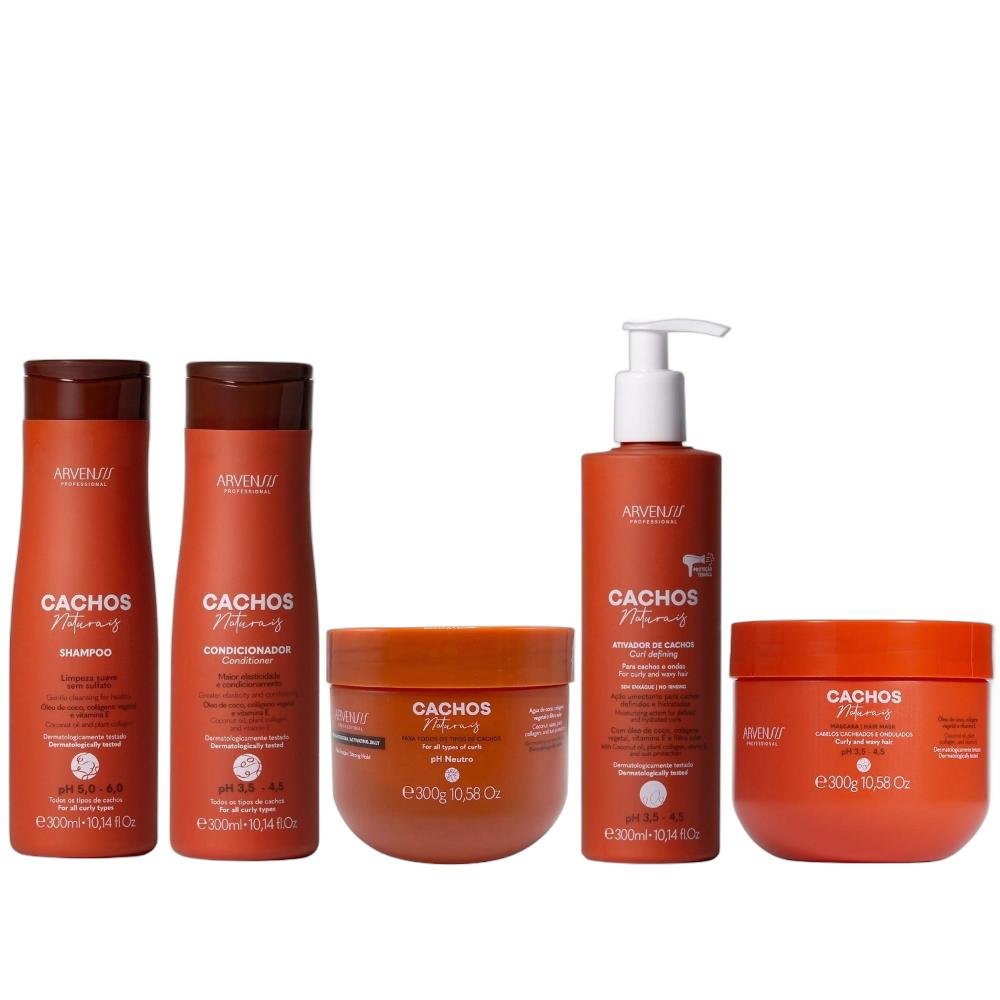 Kit Arvensis Cachos Naturais - Shampoo & Condicionador 300ml + Ativador 300ml + Geleia Alta Fixação 300g + Máscara 300g