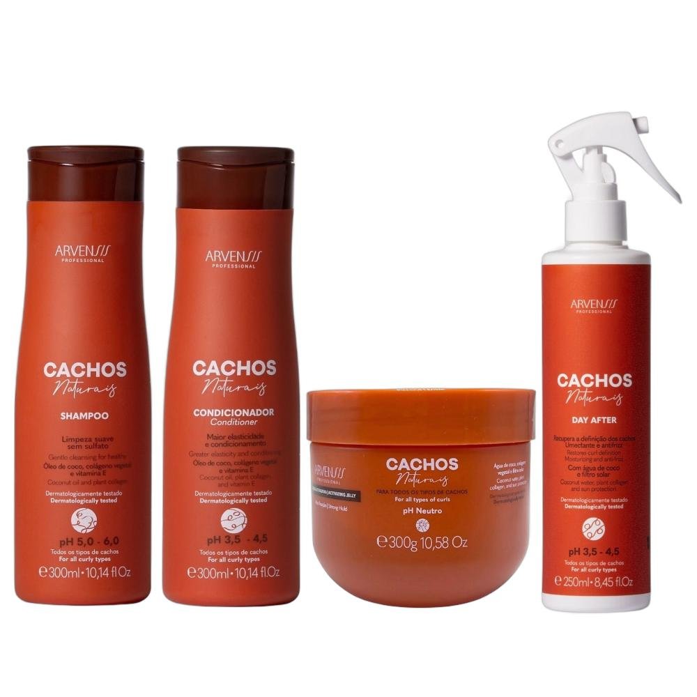 Kit Arvensis Professional Cachos Naturais - Shampoo & Condicionador 300ml + Day After 250ml + Geleia Alta Fixação 300g