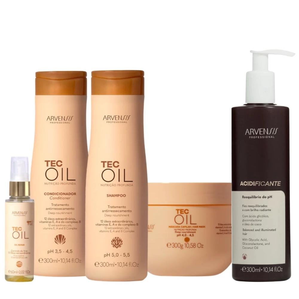 Kit Arvensis Cosméticos Naturais Tec Oil - Shampoo & Condicionador 300ml + Acidificante 300ml + Máscara 300g + Óleo 60ml