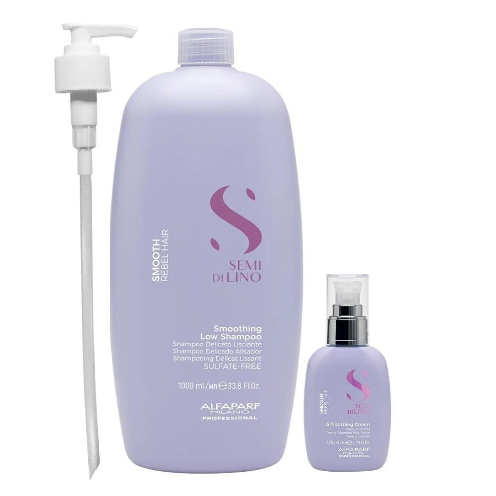 Kit Alfaparf Professional Semi Di Lino Smooth Smoothing - Shampoo 1L + Cream Leave-In 125ml + Válvula Pump ÚNICO 1